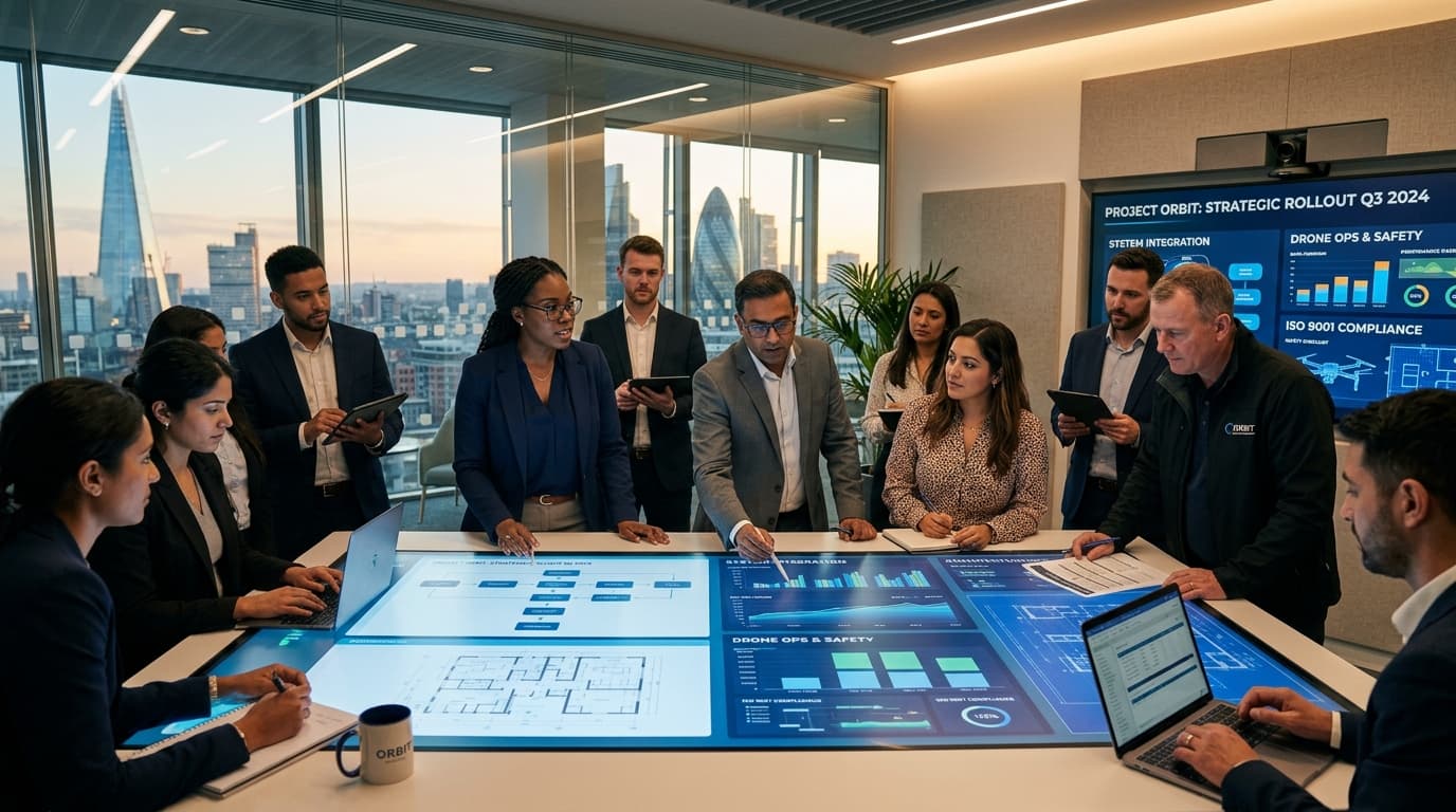Digital Pulse multi-disciplinary team of software engineers, event managers, and compliance consultants collaborating in executive strategy room