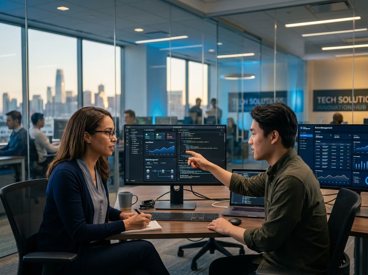 Software engineers developing ticketing and event management systems on dual monitors