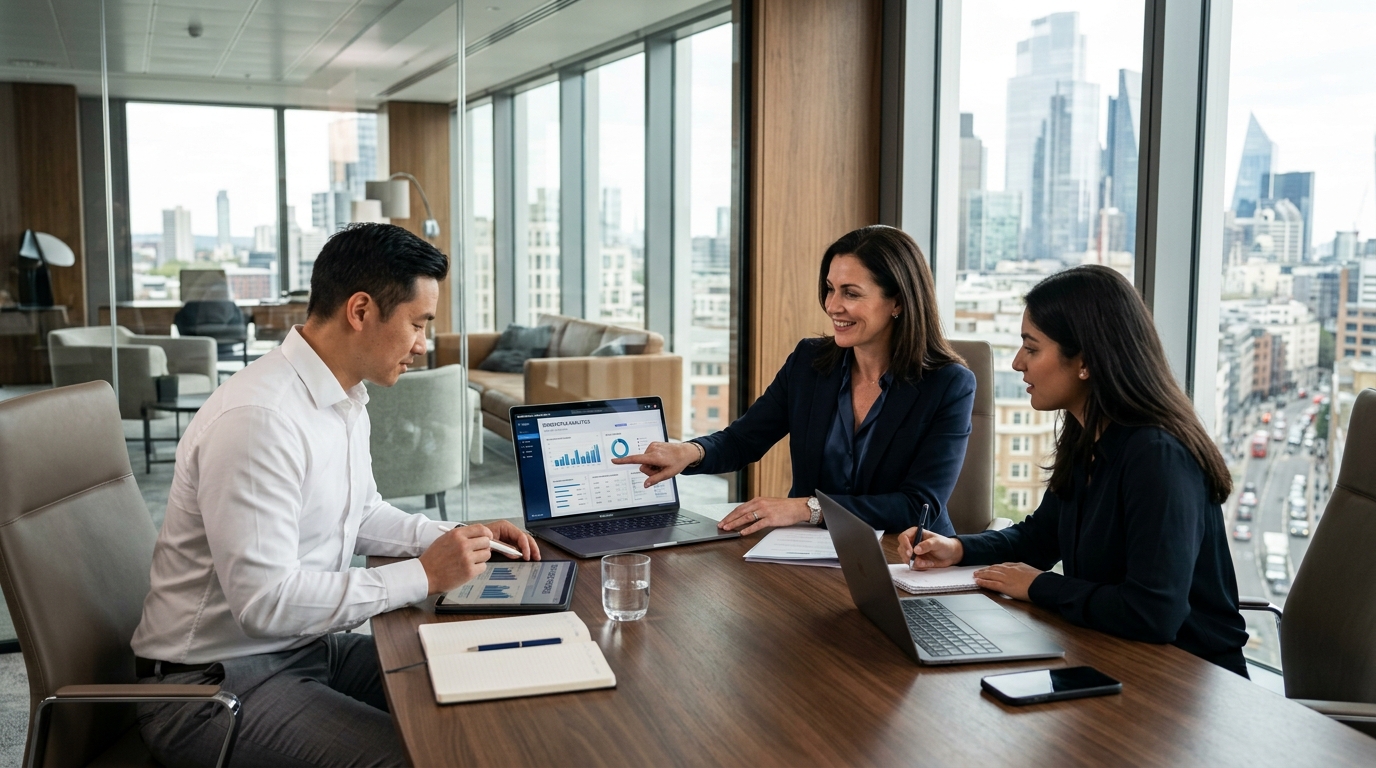Pulsecentra HR connected workforce collaborating in modern executive suite